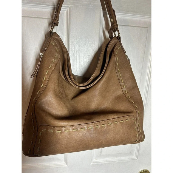 Sasha+Sofi Distressed Hobo Purse Vegan Leather in Tobacco With Stitching Detail - Picture 3 of 12